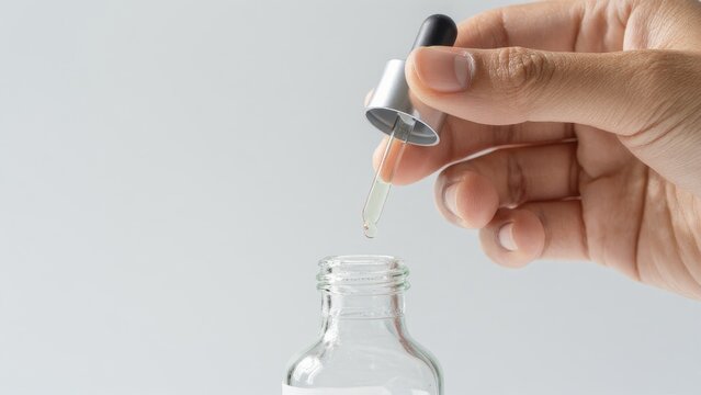 Hand Holding Dropper Above Clear Glass Bottle with Liquid