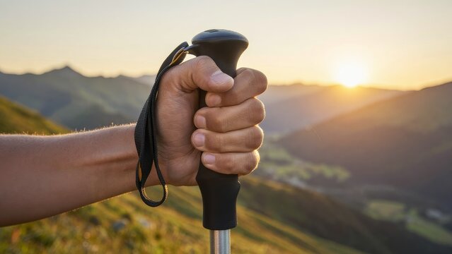 Hand Holding Hiking Pole Against Mountain Landscape at Sunset