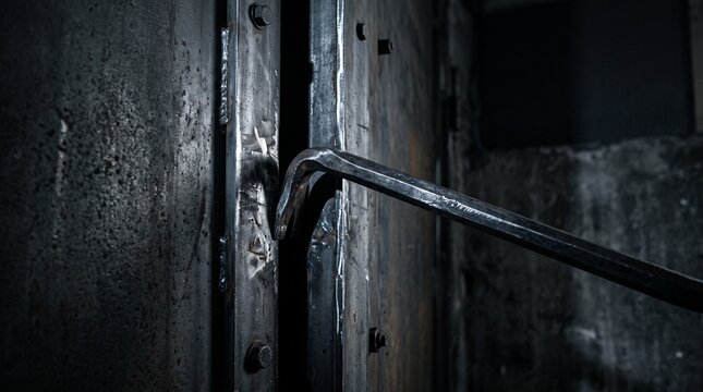 Steel crowbar prying open the edge of a heavy metal door in a dark industrial corridor