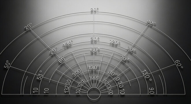 A precise circular measurement grid featuring concentric arcs and numerical angles displayed across a dark surface, demonstrating mathematical precision and technical data representation methods
