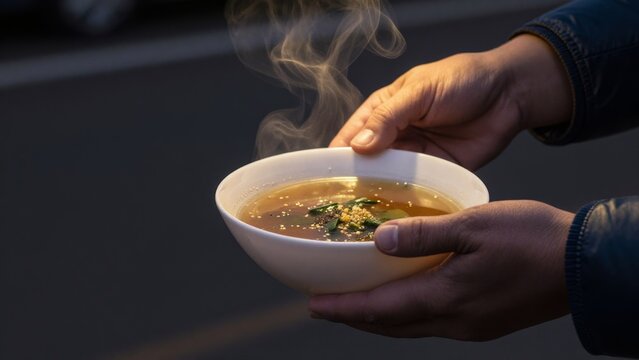 Hot Soup in Bowl with Steam, Hand Holding Fresh Ingredients
