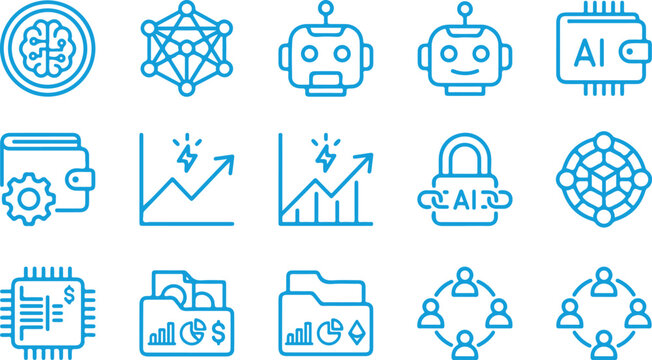 AI fintech infrastructure and algorithmic trading crypto black outline icons set