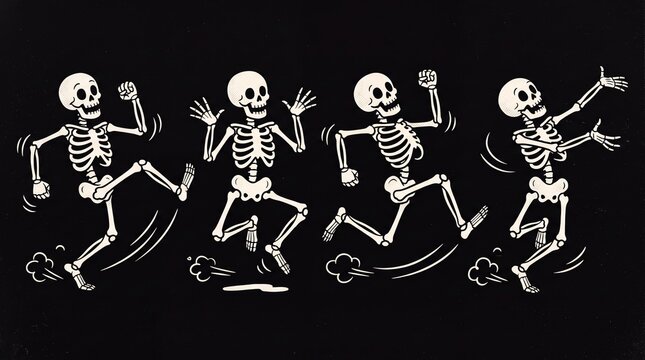 Four skeletons joyfully dancing in a row against a dark background creating a spooky and festive atmosphere