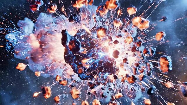 Glowing asteroid exploding in deep space with energy trails