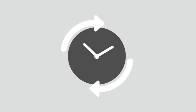Simple grey and white clock icon with revolving circular arrows representing timeline or time loop.