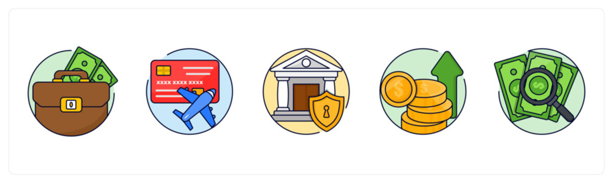 A set of 5 mix icons as business payment, travel card, Secure Banking