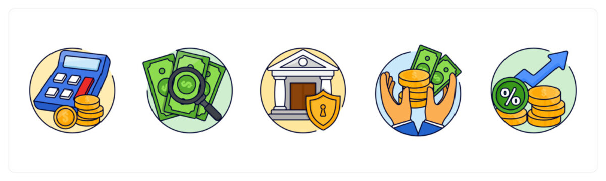 A set of 5 mix icons as financial calculator, Search Money, Secure Banking