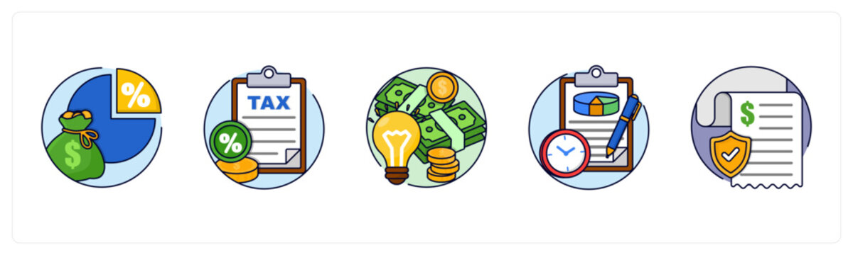 A set of 5 mix icons as Dividends, tax, Financial Idea
