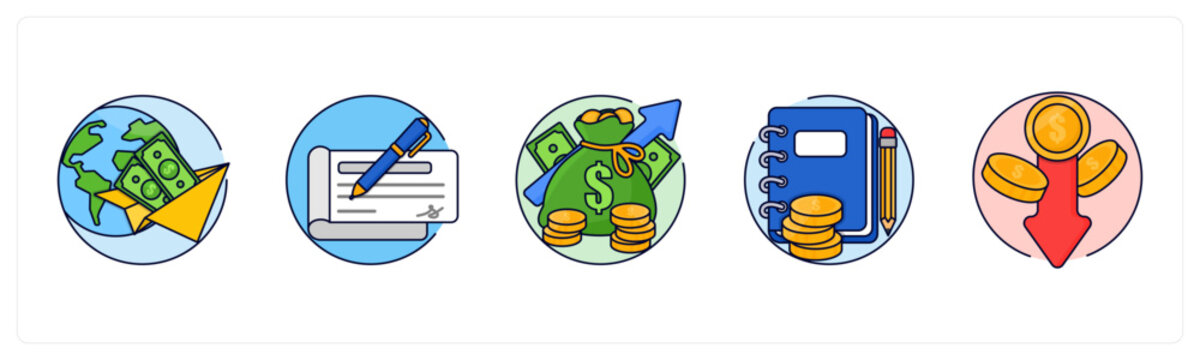 A set of 5 mix icons as International Transfer, Bank Cheque, Making Money