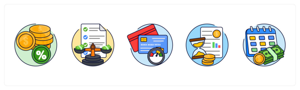 A set of 5 mix icons as Currency Rate, Balance Sheet, credit-score