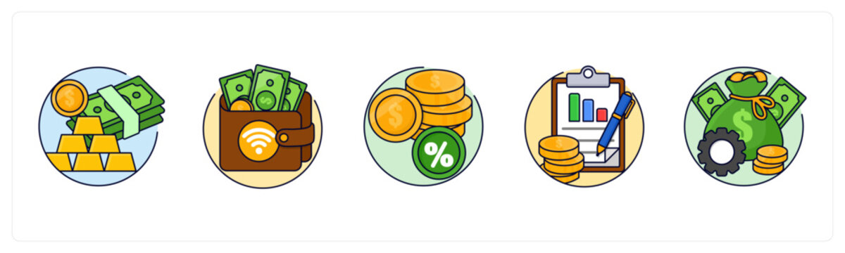 A set of 5 mix icons as Wealth, E-Wallet, Currency Rate
