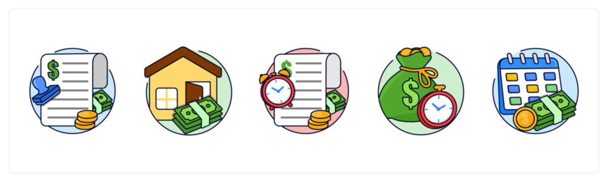 A set of 5 mix icons as Loan, home loan, transaction history