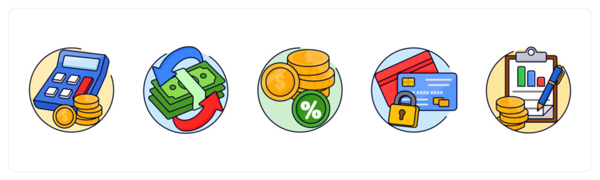 A set of 5 mix icons as financial calculator, Cash Flow, Currency Rate