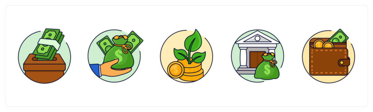 A set of 5 mix icons as cash-deposit, finance, investment