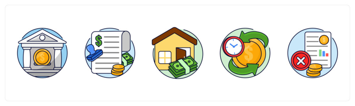 A set of 5 mix icons as savings account, Loan, home loan