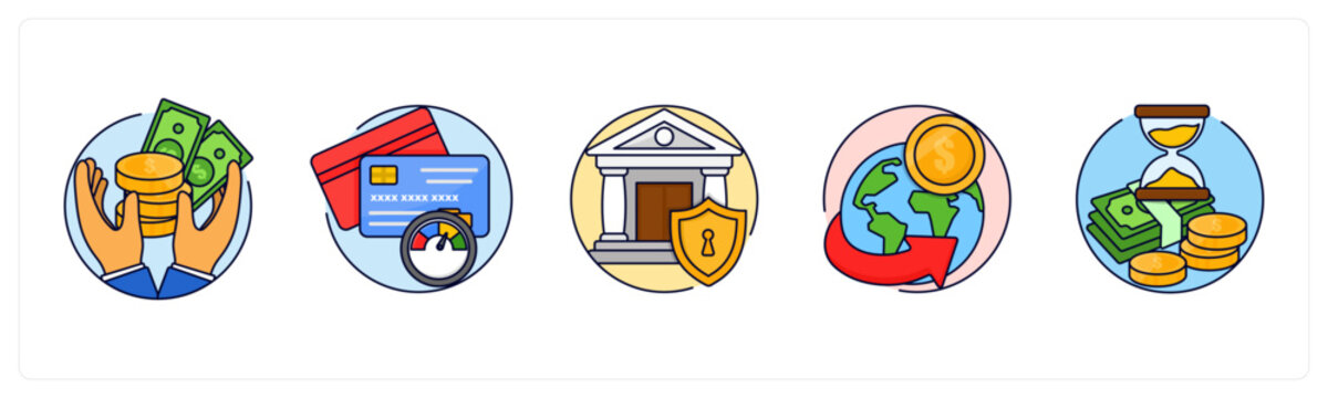 A set of 5 mix icons as Credit Union, credit-score, Secure Banking