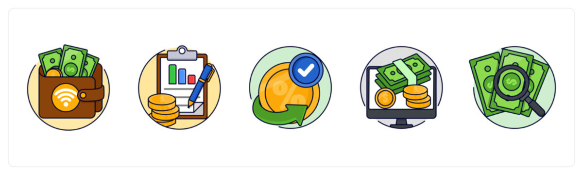 A set of 5 mix icons as E-Wallet, Office Building, tax return
