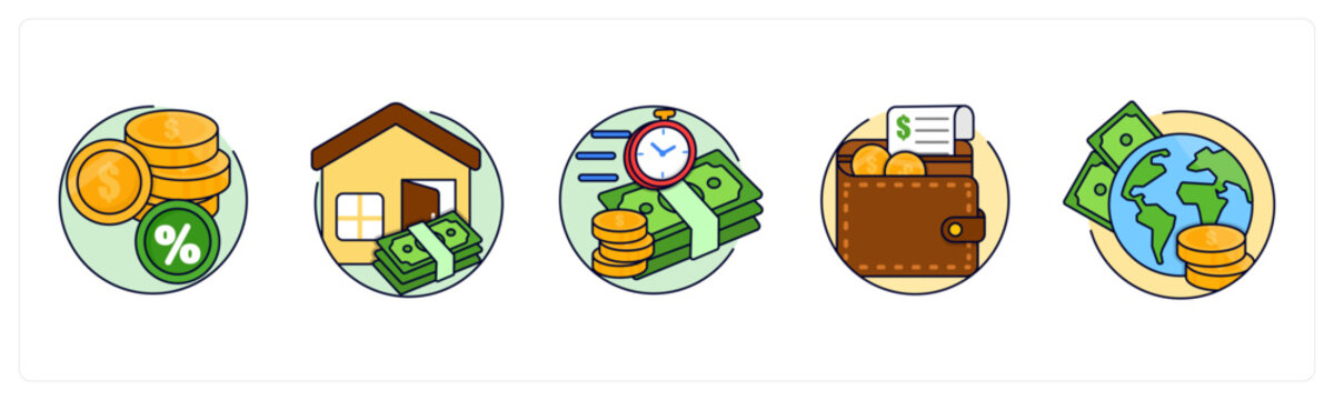 A set of 5 mix icons as Currency Rate, home loan, fast transfer