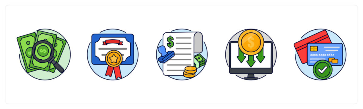 A set of 5 mix icons as Search Money, Presantation board, Loan