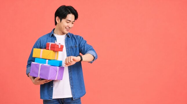 Young Asian Man Carrying Stack Of Colorful Gift Boxes And Checking Time, Celebration Concept For Festive Delivery