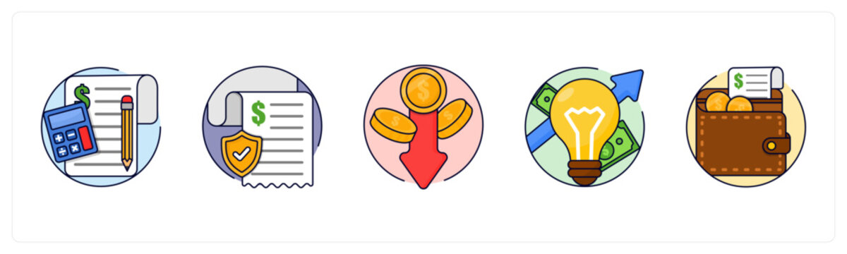 A set of 5 mix icons as Accounting, Liability, Depreciation