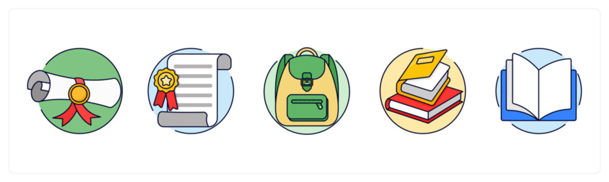 A set of 5 mix icons as Diploma, Certificate, Backpack