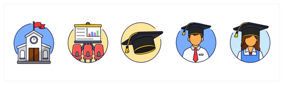 A set of 5 mix icons as School, Classroom, graduation cap