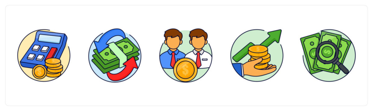 A set of 5 mix icons as financial calculator, Cash Flow, Joint Account
