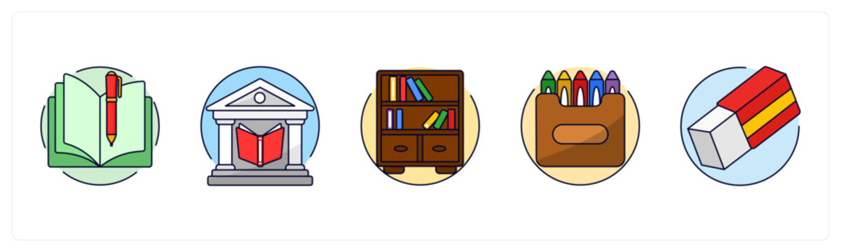 A set of 5 mix icons as Exercise Book, Library, Bookshelf