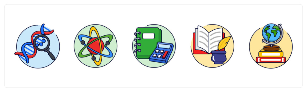 A set of 5 mix icons as DNA, Atom, Mathematics