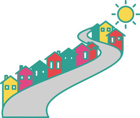 Fototapeta premium Houses on a Hillside with a Bright Sun Illustration. Colorful Vector Design for Urban Planning