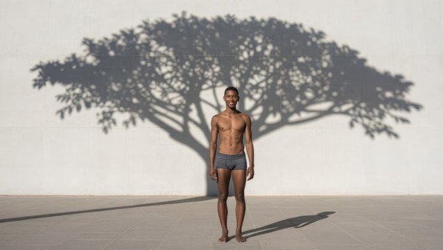 Man Standing Confidently with Tree Shadow on White Wall Background