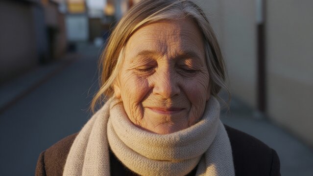 Elderly Woman in Scarf Embracing Tranquility on Urban Street