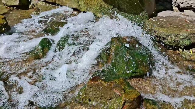 Clear flowing stream cascades over moss covered rocks, creating a refreshing natural waterfall scene with sparkling water, lush greenery, peaceful movement, and tranquil beauty