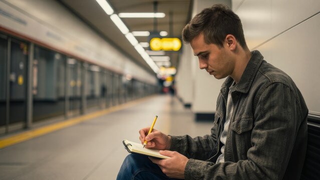 Young Man Writing in Notebook Inside Quiet Subway Station