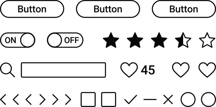 Minimalist Wireframe UI UX Element Kit with Outline Buttons Toggle Switches Rating Stars and Search Bar for Website Design and Mobile App Interface Wireframing,