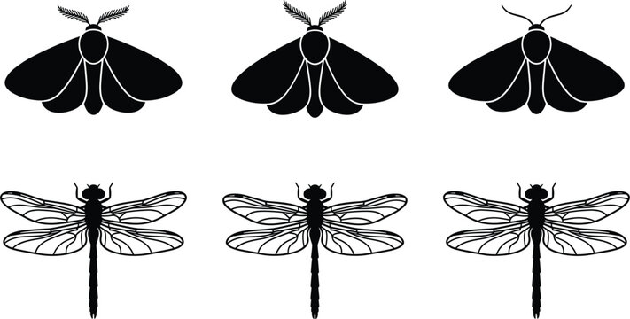 Moth and Dragonfly Silhouette Icon Set Vector Illustration for Insect Biology Logos, Nature Brandings, Tattoo Designs, and Wildlife Graphic Elements