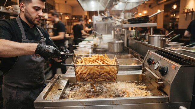 Male chef lifting a metal basket of golden french fries from a commercial deep fryer in a restaurant kitchen