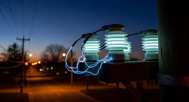 Electrical Insulators With Blue Energy Arcs at Night