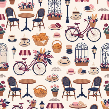 Vintage lifestyle seamless pattern with bicycle and tea time