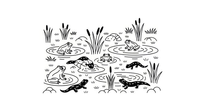 Black and white illustration of swamp animals.