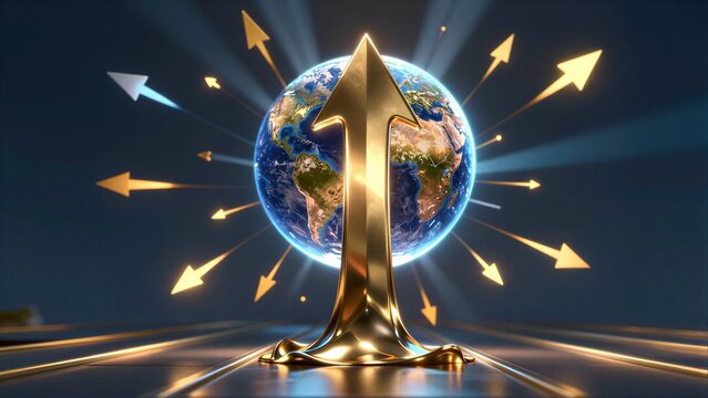 Golden arrow points upward through Earth, surrounded by radiating arrows symbolizing global progress.
