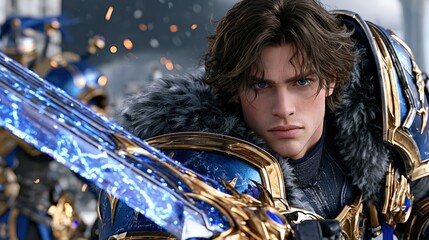 Naklejka premium A young warrior with blue eyes wields a glowing sword adorned with golden accents.