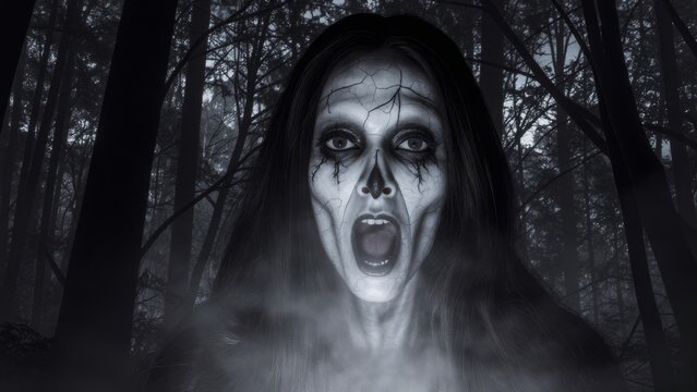 Eerie Forest Horror Scene with Creepy Female Figure Screaming