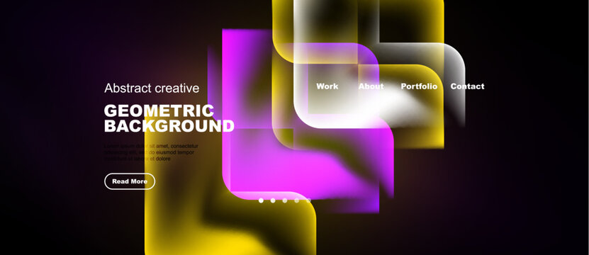 Vibrant geometric design. Abstract shapes overlap, creating dynamic visual effect. Modern website mockup with text elements.