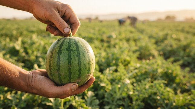 Farmer hands holding a small ripe watermelon in a sunny agricultural field during harvest