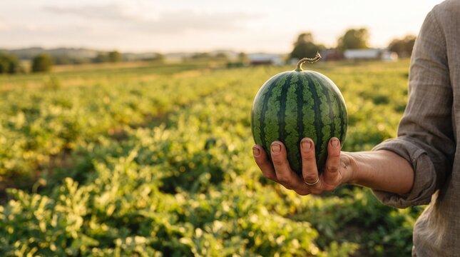Farmer holding small ripe watermelon in sunny field at harvest time on rural organic farm during golden hour