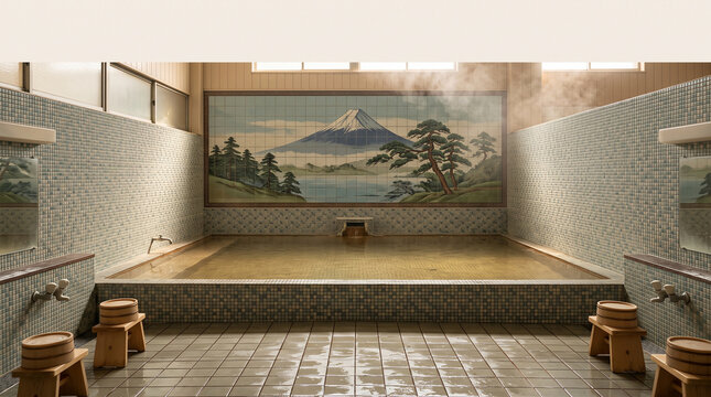 Retro Japanese sento bathhouse interior with Mount Fuji mural, wooden stools and empty soaking tub