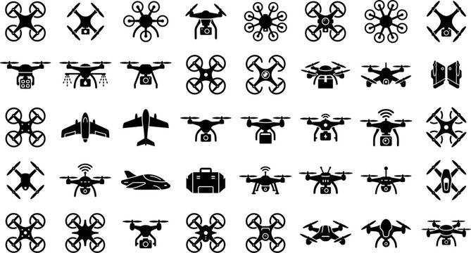 Drone and quadcopter silhouette vector icon set featuring black stencil symbols of uav aircraft remote control cameras and delivery technology