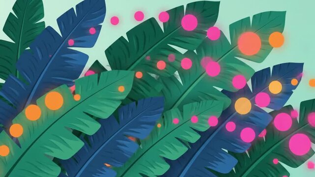 Tropical palm leaves background animation featuring glowing orange and pink circles moving across dark blue foliage in this digital footage